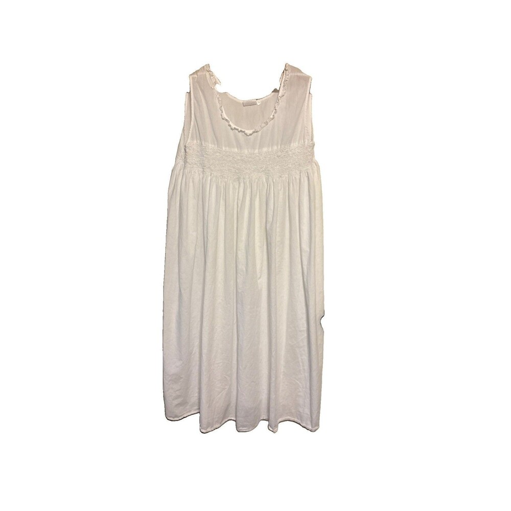 Artisan White Sleeveless Smocked  Cotton Chemise NightGown Plus Size 2XL